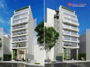 Mặt tiền tòa nhà Mộc Gia 2C Lam Sơn, thiết kế hiện đại với nhiều cửa sổ lớn